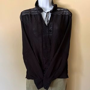 ZARA BASIC SZ SM LONG SLEEVE BLACK SHEER COLLARD BLOUSE